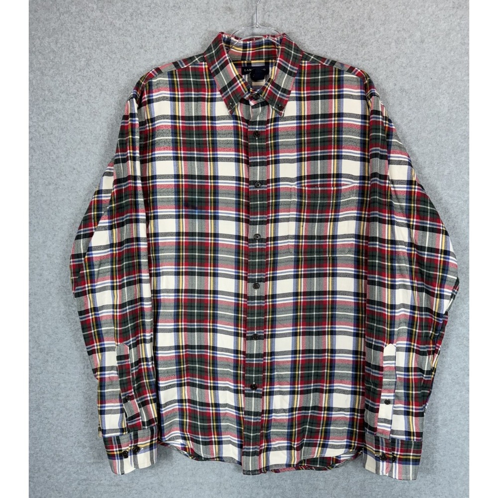 Lands' End Shirt‎ Mens Large Red Green Plaid Flannel Button Down Soft Cotton